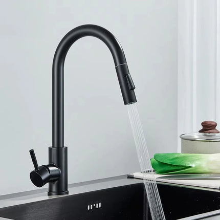 Brushed black rotating kitchen sink faucet, single hole, single handle, pull-out sprayer/mixer faucet
