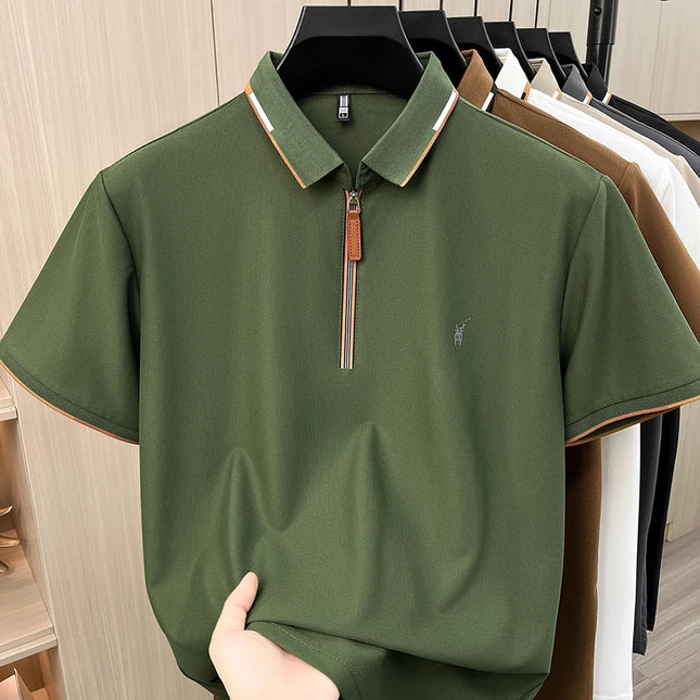 Men's Contrasting Striped Lapel Short Sleeved T-shirt, Summer Dad Outfit, New Cool POLO Top