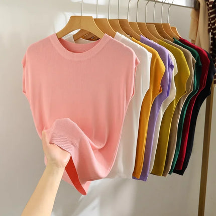 Ice Silk Knitted Top Women's Summer Thin Shoulder Drop Round Neck Short Sleeve T-shirt Pure Color Commute Style Outerwear