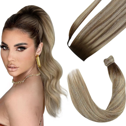VeSunny Ponytail Human Hair Straight 80g Clip in Hair Extensions Human 14-22" Natural Hair Horse Tails No Claw Clip