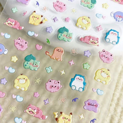 Pikachu Pokemon PK Nail Decals Relief Embossed Stickers Cute Cartoon Manicure Decor for Press On Nails Salon Use Gifts