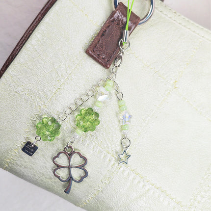 Y2K Lucky Four Leaves Clover Heart Key Ring Green Leaf Star Key Chain Cases for Phone Camera Korean Cute Beaded Couple Keychain