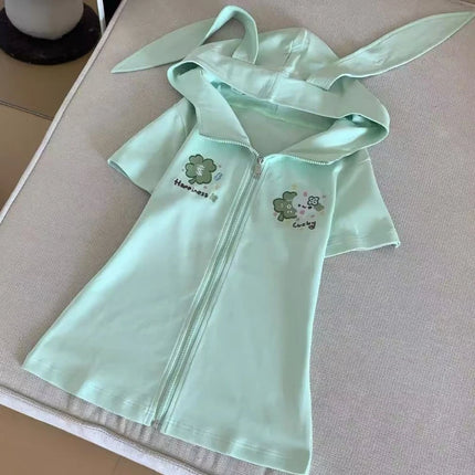Japanese Cute Rabbit Ears Slim Hoodies Female Green Sweet Short-sleeved Outfits Women Summer Subculture Y2k Otaku Tops 2025 New
