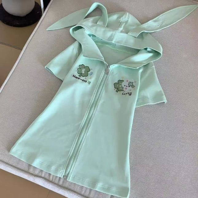 Japanese Cute Rabbit Ears Slim Hoodies Female Green Sweet Short-sleeved Outfits Women Summer Subculture Y2k Otaku Tops 2025 New