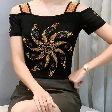 New Summer European Clothes Women's T-Shirts Luxury Butterfly Hot Diamonds Tees Sexy Streetwear Off-Shoulder Tops Shirt