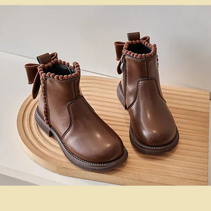 Girls Ankle Boots with Back Bow-knot Kids Short Boots Soft Sole 2025 New Girls' Princess Leather Boots with Warm Cotton Side Zip