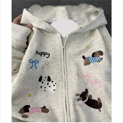 Classics Sweet Cute Gentle Cartoon New Puppy Embroidery Zip Up Hoodie Women Jacket Lined Loose Casual Sweatshirt for Women