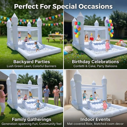 (Come with blower)13x8x8FT Inflatable White Bounce House with Slide & Ball Pit, Oxford Bouncy Castle Indoor and Outdoor Party Use, Creates a Magical for Kids Birthdays and Events