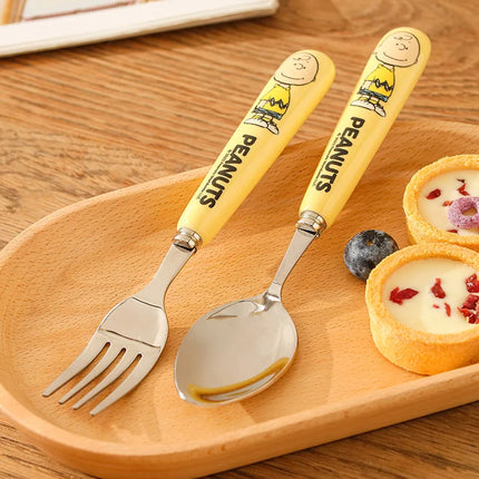 Genuine 2Pcs Cute Cartoon Snoopy Stainless Steel Spoon Ceramic Handle Spoon Fork Children's Tableware