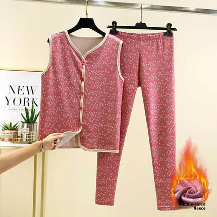 Warm Fleece Lined Velvet Home Clothes Set with Buttoned Knitwear Self Heating Anti Cold Two Piece Set for Women Autumn Winter