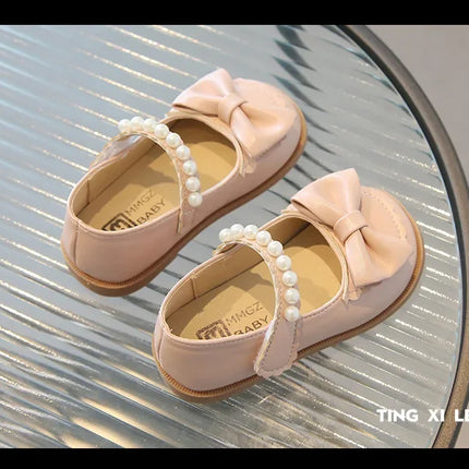 Toddlers Girls Leather Shoes Little Kids Casual Flats Princess Sweet with Pearls Beading Bow-knot 2024 Dress Party Shoes Soft