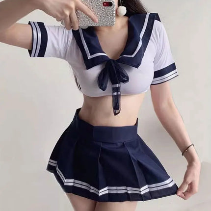Sexy Ladies Babydoll Erotic Crotchless For Bed Pornographic Lace V Hollow Open Uniform Dress Sex Student Lingerie Set JK Costume