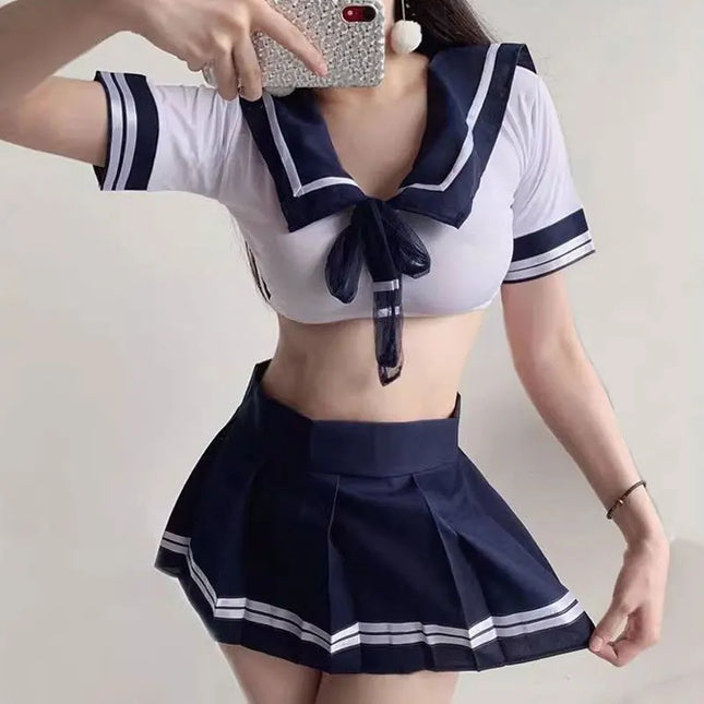 Sexy Ladies Babydoll Erotic Crotchless For Bed Pornographic Lace V Hollow Open Uniform Dress Sex Student Lingerie Set JK Costume
