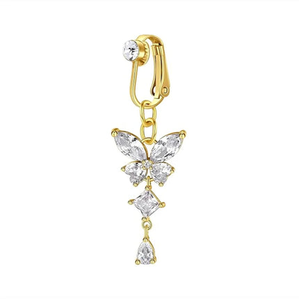 Clip On Belly Button Ring Butterfly Copper Zircon Pink Fake Belly Piercing Umbilical Navel Body Jewelry Trendy Fashion Style