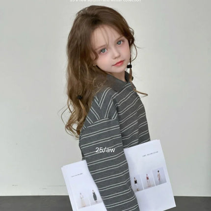 SeasonSea Girls Striped Cotton Sweatshirt Autumn Winter Kids Polo Collar Pullover Long Sleeve Tops Casual Children Clothes