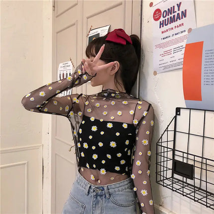 2023 Autumn Hollow Out Mesh T-Shirt Daisy Flower Pattern Crop Top Sexy Transparent Long Sleeves Basic Tops For Women Lace Tops