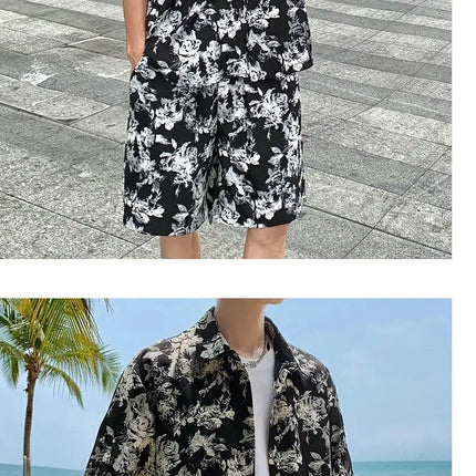 Loose Straight Leg Five-Quarter Beach Pants or Short Sleeve Printed Shirt Beach Travel Men's Fashion Floral Patterned Two-Piece Set
