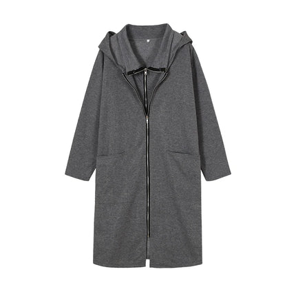 2024 Hooded Pocket Sweater Zipper Mid Length Fake Two Piece Loose Coat for Women