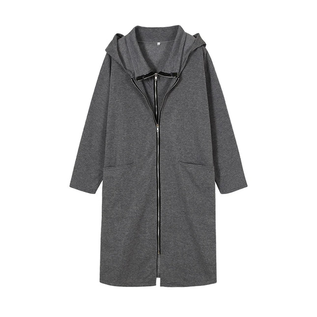 2024 Hooded Pocket Sweater Zipper Mid Length Fake Two Piece Loose Coat for Women