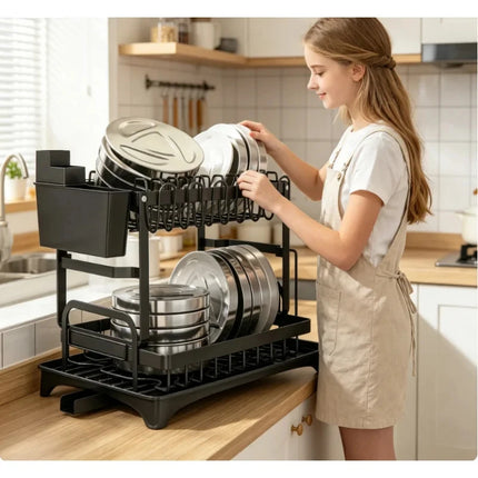 Premium Large-capacity 2-Tier Metal Dish Rack Drying Storage Shelf with Drain Tray for Kitchen