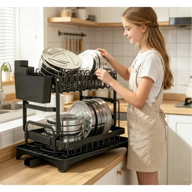 Premium Large-capacity 2-Tier Metal Dish Rack Drying Storage Shelf with Drain Tray for Kitchen