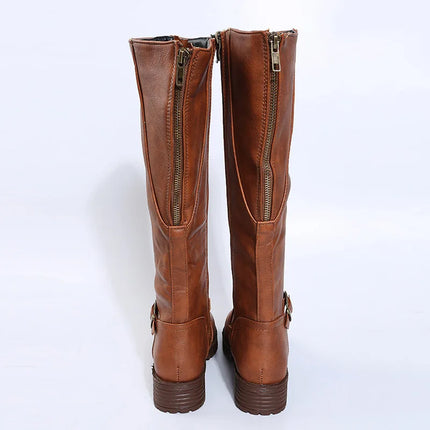 Women Knee High Boots Platform Long Boots Low Heels Round Toe Shoes New Zip Brown High Boot Vintage Pu Leather Women Boots 2025