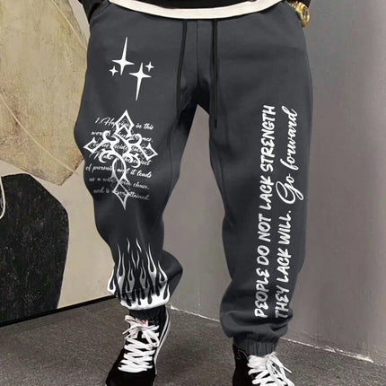 Men's Retro Vintage Script Letter Flame Graphic Joggers Elastic Cuff Sweatpants Popular Streetwear Casual Pants