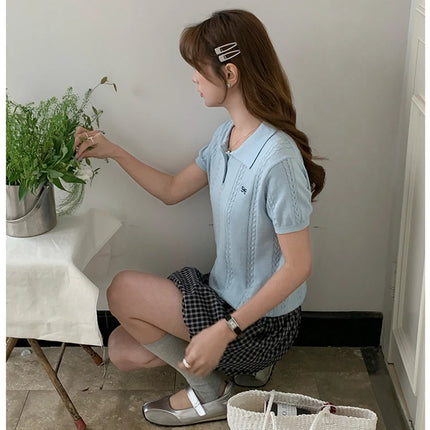 Summer 100% cotton women's T-shirt casual knit pullover short sleeved loose POLO collar Tees Pull luxury brand embroidery Tops