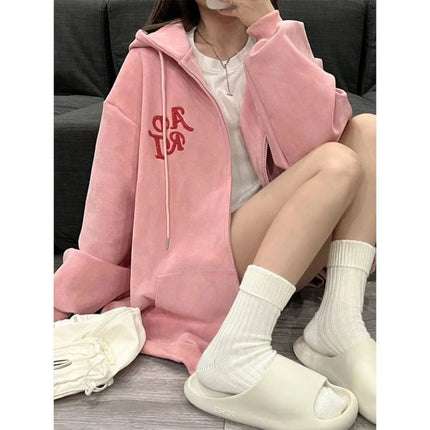 Retro Zipper Up Hoodie Y2K Clothes Pink Harajuku Hip Hop Oversized Little Devil Hoodie Sweatshirt Women Casual Zip Jacket Tops