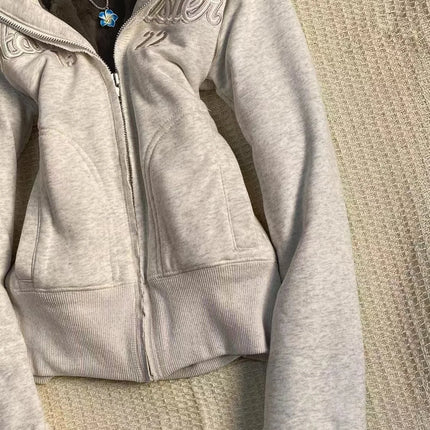 New Hip Hop Fashion Light Gray Letter Embroidery Cardigan Hooded Sweatshirt High Street Spicy Girl Slim Fit Waist Hugging Jacket