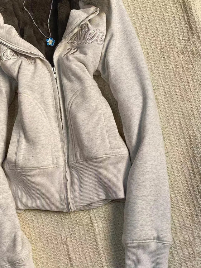 New Hip Hop Fashion Light Gray Letter Embroidery Cardigan Hooded Sweatshirt High Street Spicy Girl Slim Fit Waist Hugging Jacket
