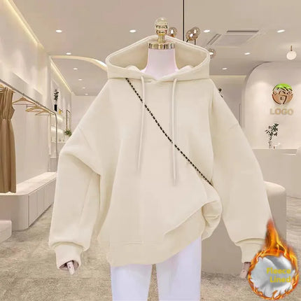Women's Fleece Lined Hoodie Loose Fit Winter Pure Color Oversize Middle School Style American Korean Jacket Versatile Sweatshirt