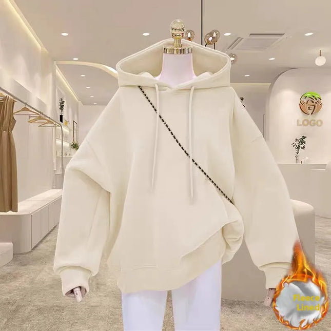 Women's Fleece Lined Hoodie Loose Fit Winter Pure Color Oversize Middle School Style American Korean Jacket Versatile Sweatshirt
