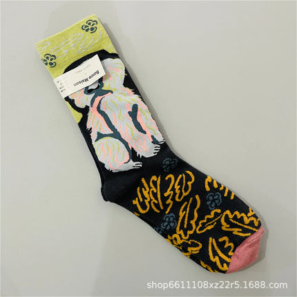 Bonne Maison French Small Batch Women's Fun Oil Painting Style Mid-Calf Cotton Dopaamine Colorful Socks Moisture Wicking Sweat