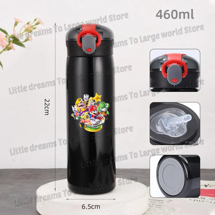 Super Marios Bros 460ml Thermal Cup Men Women Anime Black Straw Bottle Bouncing Lid Portable 304 Stainless Steel Thermo Bottles