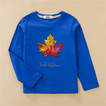 Autumn Maple Leaf T-Shirts Kids Long Sleeve Shirts Boys Fashion Print Tops Girls Spring Cotton Clothing 3-14T