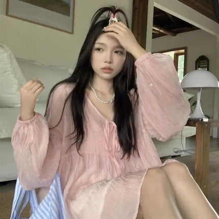 Korean Version V-neck Long Sleeved Shirt for Women's Spring 2024 New Loose Medium Long Sun Protection Shirt Top Two-piece Set