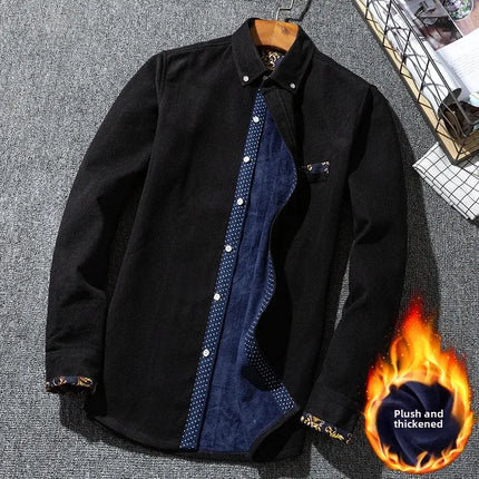 Winter Corduroy Warmshirt Men's Fleece-Lined Thickened Integrated Velvet Business Casual Versatile Shirt For Dad