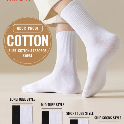 MiiOW 100% Pure Cotton Socks Men Business Dress White Black Long Sock Deodorant Antibacterial Sports Sock Running Short Sock