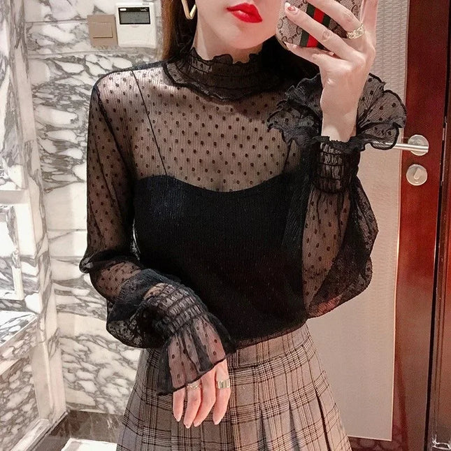 Women's Black Lace Flared Sleeve Slim Fit T-Shirt Long Sleeve round Neck Base Shirt Fashion Kimono Bottoming Top for Mujer