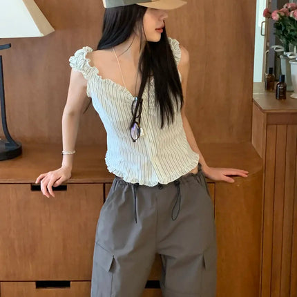Korean Sle ort Striped Vest Women Summer Outerwear Subtle Design Single Button Lobone Trendy Age-Defng Top