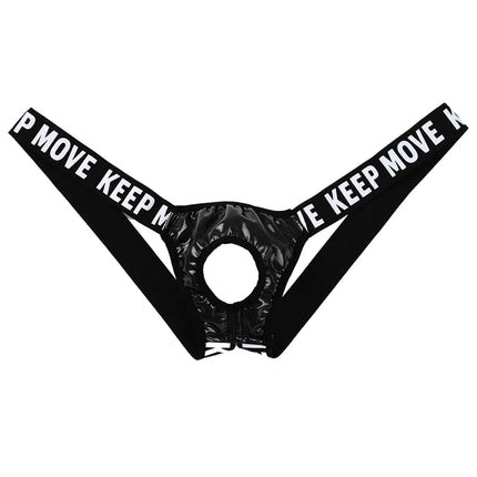 Mens Sexy Patent Leather Lingerie Hollow Out Bulge Pouch Latex Panties Jockstrap T-Back Letter Print Waistband Thongs Underwear