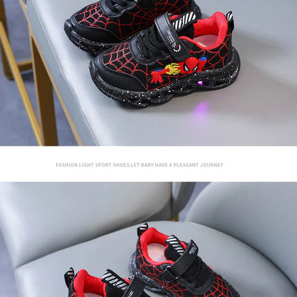 LED Casual Sneakers Red Black For Spring Boys Mesh Outdoor Spider-Man Shoes Children Lighted Non-slip Shoes Size 21-30