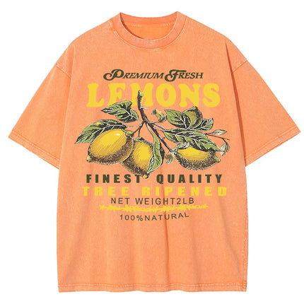 Premium Fresh Lemons Fruit Print Women Washed T-Shirts Y2K Comfortable Short Sleeve Loose All-Match T-Shirt Cotton Hip Hop Top