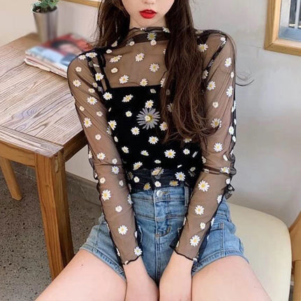 2023 Autumn Hollow Out Mesh T-Shirt Daisy Flower Pattern Crop Top sexy Transparent Long Sleeves Basic Tops For Women Lace Tops