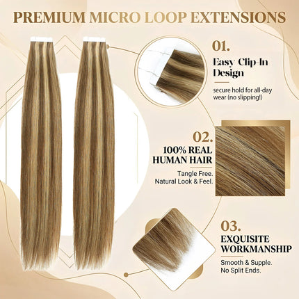 Tape In Human Hair Extensions Brown Highlight Straight 12-22Inch 50g/pack 100% Remy Human Hair Seamless Skin Weft For Women