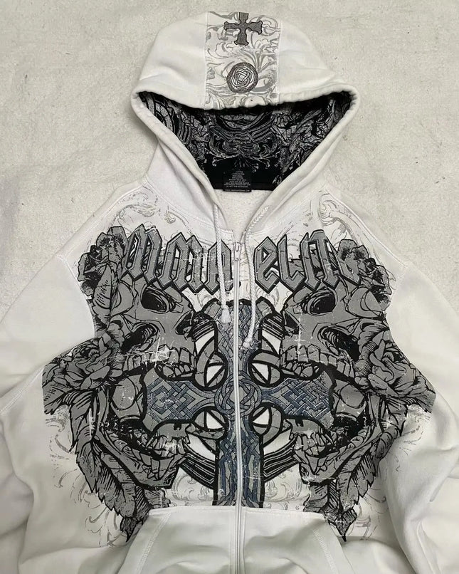 American Y2K New Hip Hop Trend Zipper Hoodie Women Street Casual Loose Joker Vintage Sweatshirt Unisex Fleece Padded Warm Hoodie