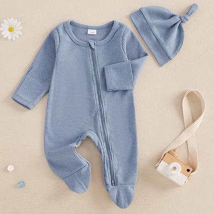 Pudcoco Newborn Baby Fall Footed Romper Solid Color Waffle Long Sleeve Crew Neck Zipper Jumpsuit with Hat 0-12M