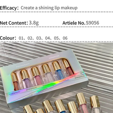 SHAQINUO Glittering Mirror Lip Glaze Set, Watery Shimmering Light Lip Gloss Makeup 6 Color, Hydrating Moisturizing, Long Lasting