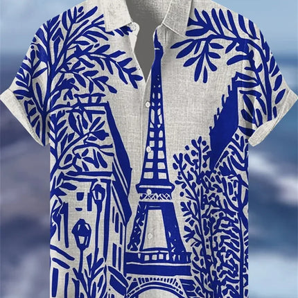 Men's Retro Color Block Style Short Sleeved Ethnic Retro Tribal Short Sleeved Linen Shirt Casual Fashion Shirt Top